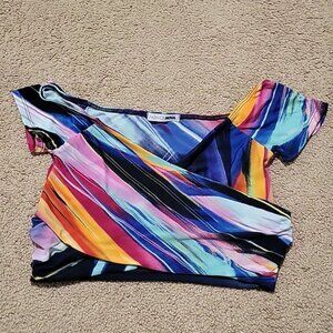Fashion Nova Striped Rainbow Short Sleeve Crossover Crop Top Size Small